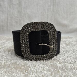 Vtg BOXTREE for Neiman Marcus Square Rhinestone Buckle Black Moiré Fabric Sz M